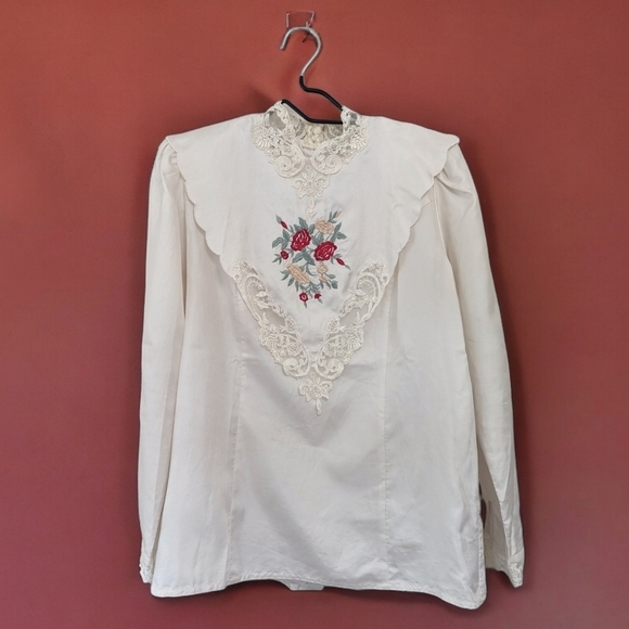 Vintage Victorian Revival Satin Embroidery Bib Collar Top Cottagecore - Picture 1 of 12
